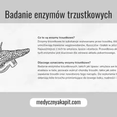 Ilustracja przedstawia trzustkę i wyjaśnia, jak zbadać trzustkę poprzez badanie enzymów. Pomaga to wykryć choroby tego narządu.