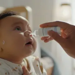 Delikatna pomoc dla niemowlaka z katarem. Dłoń mamy aplikuje krople do noska.