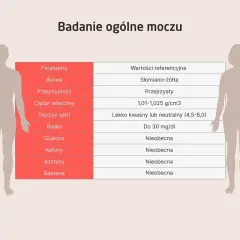 Tabela wyników badania ogólnego moczu. Wartość "ketony" jest nieobecna, co jest prawidłowym wynikiem.