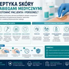 Personel medyczny stosuje środki antyseptyczne do dezynfekcji skóry przed zabiegiem, dbając o higienę i bezpieczeństwo pacjenta.