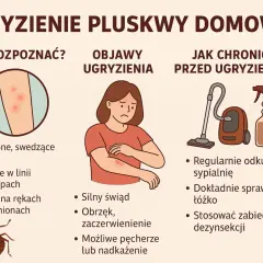 Ilustracja pokazuje ugryzienie pluskwy domowej: czerwone, swędzące ślady na skórze, objawy i sposoby ochrony.