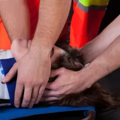 Ratownicy stabilizują głowę poszkodowanego po urazie. Uderzenie w tył głowy może mieć poważne konsekwencje.