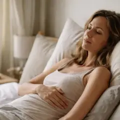 Kobieta z **stłuczonymi żebrami** leży w łóżku, próbując znaleźć wygodną pozycję do snu.
