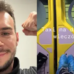 Mężczyzna z opatrunkiem po uderzeniu w łuk brwiowy, w tle wnętrze karetki.