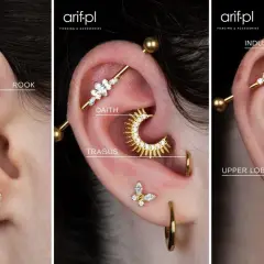 Złote kolczyki w uchu: helix, rook, conch, anti tragus, daith, tragus, industrial, upper lobe, lobe. Jaki wenflon do ucha? To pytanie o biżuterię.
