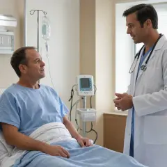 Lekarz rozmawia z pacjentem w szpitalu. Pacjent leży w łóżku, a lekarz stoi obok. Rozmowa dotyczy tego, ile trwa pobyt w szpitalu na badaniach.