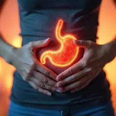 Dłonie obejmujące brzuch, gdzie widoczny jest świecący, czerwony żołądek, symbolizujący gastropatię rumieniową.