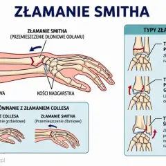 Ilustracja przedstawia złamanie z przemieszczeniem kości promieniowej, zwane złamaniem Smitha, z uwzględnieniem typów i porównaniem ze złamaniem Collesa.