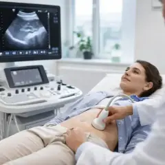 Kobieta leży na kozetce, lekarz wykonuje USG brzucha. Obraz na monitorze pokazuje narządy wewnętrzne.