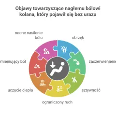 Nagły ból kolana bez urazu może objawiać się obrzękiem, zaczerwienieniem, sztywnością, ograniczonym ruchem, uczuciem ciepła, promieniującym bólem i nocnym nasileniem.
