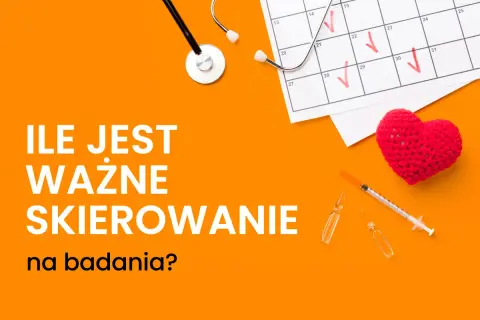 Ile jest ważne skierowanie na badanie krwi? Na pomarańczowym tle stetoskop, kalendarz z zaznaczonymi dniami, strzykawka, ampułki i serce.