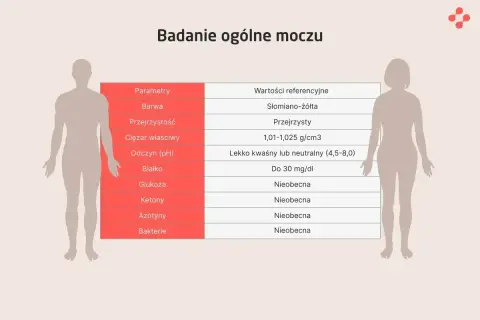 Tabela wyników badania ogólnego moczu. Wartość "ketony" jest nieobecna, co jest prawidłowym wynikiem.