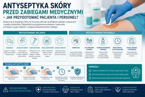 Personel medyczny stosuje środki antyseptyczne do dezynfekcji skóry przed zabiegiem, dbając o higienę i bezpieczeństwo pacjenta.