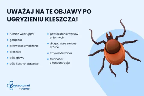 Objawy po ugryzieniu kleszcza: rumień, gorączka, zmęczenie, bóle głowy i stawów, powiększone węzły chłonne, zmiany skórne, sztywność karku, trudności z koncentracją.