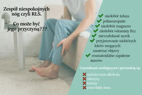 Mężczyzna z objawami zespołu niespokojnych nóg (RLS). Lista potencjalnych przyczyn i czynników nasilających.