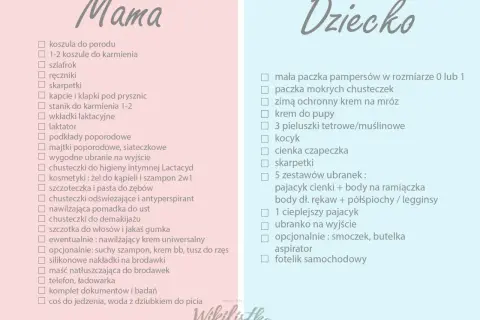 Lista rzeczy, co zabrać do szpitala na 3 dni: dla mamy i dziecka. Zawiera ubrania, kosmetyki, pieluchy i akcesoria.