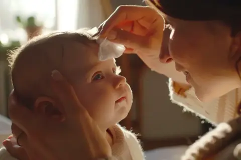 Delikatne przemywanie oczu noworodka. Mama z miłością troszczy się o czystość maluszka, tworząc intymną chwilę.