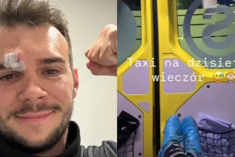 Mężczyzna z opatrunkiem po uderzeniu w łuk brwiowy, w tle wnętrze karetki.