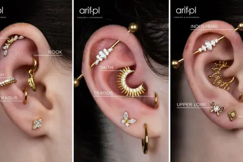 Złote kolczyki w uchu: helix, rook, conch, anti tragus, daith, tragus, industrial, upper lobe, lobe. Jaki wenflon do ucha? To pytanie o biżuterię.