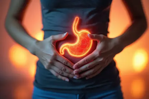 Dłonie obejmujące brzuch, gdzie widoczny jest świecący, czerwony żołądek, symbolizujący gastropatię rumieniową.