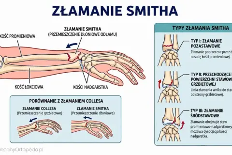 Ilustracja przedstawia złamanie z przemieszczeniem kości promieniowej, zwane złamaniem Smitha, z uwzględnieniem typów i porównaniem ze złamaniem Collesa.