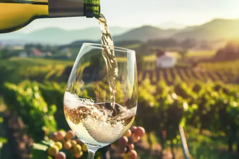 Białe wino nalewane do kieliszka na tle winnicy. Po zawale, ostrożnie z alkoholem.
