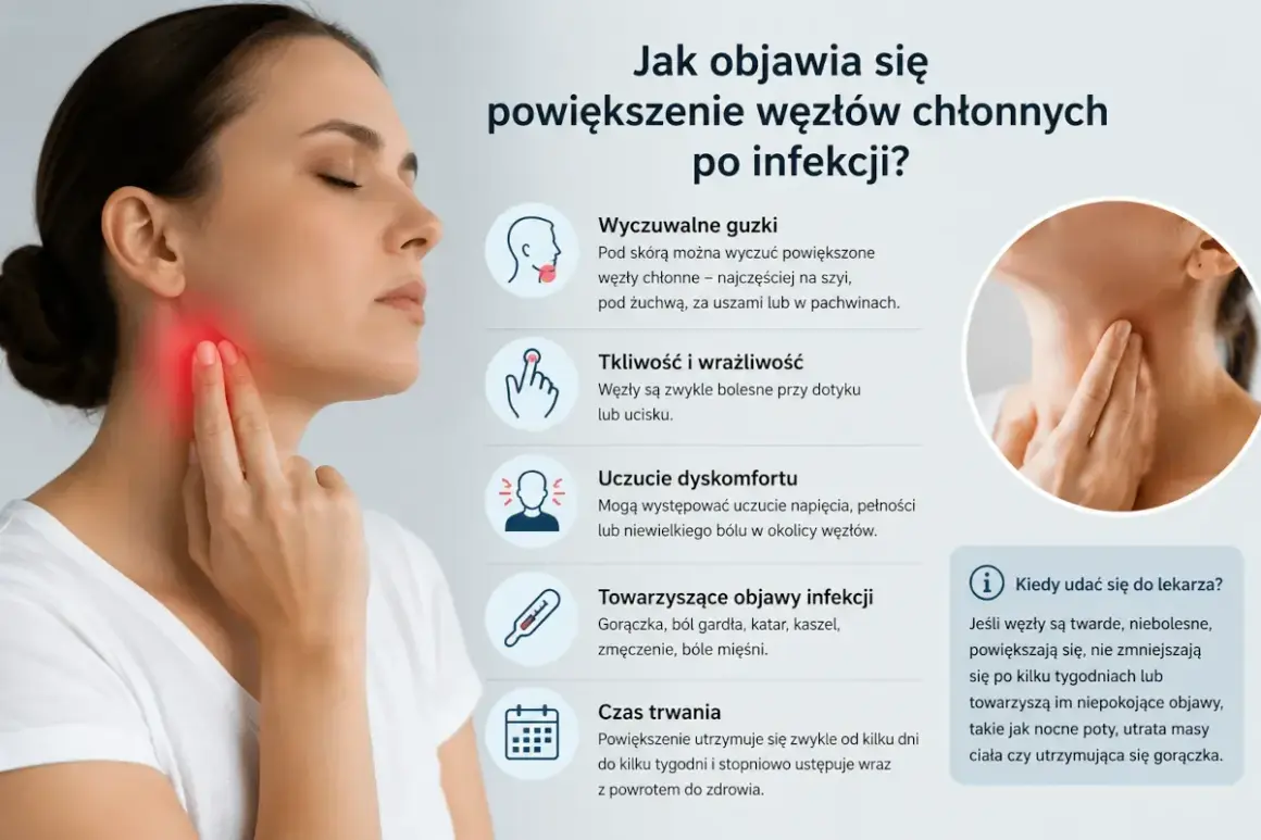 Kobieta dotyka szyi, gdzie widoczne jest zaczerwienienie, wskazujące na powiększone węzły chłonne szyi z jednej strony. Obraz opisuje objawy powiększenia węzłów chłonnych.