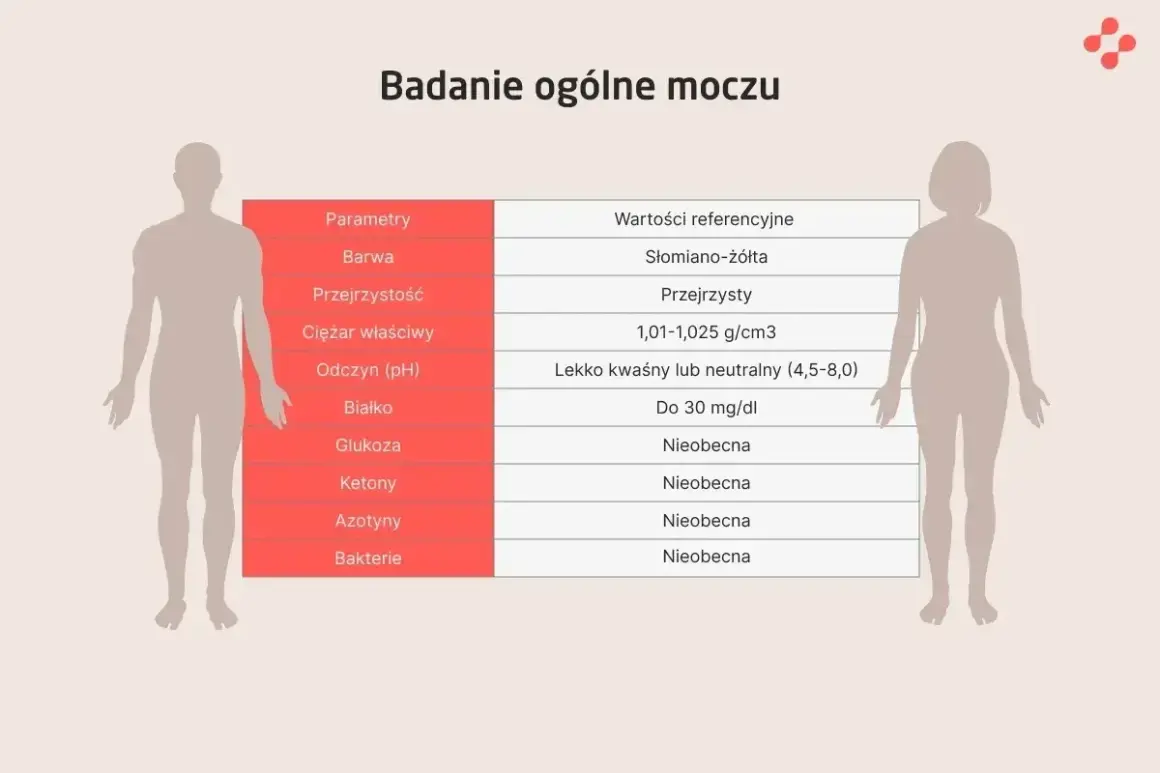 Tabela wyników badania ogólnego moczu. Wartość "ketony" jest nieobecna, co jest prawidłowym wynikiem.