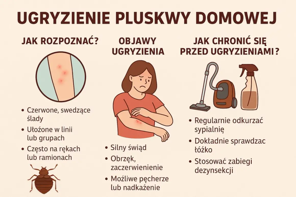 Ilustracja pokazuje ugryzienie pluskwy domowej: czerwone, swędzące ślady na skórze, objawy i sposoby ochrony.