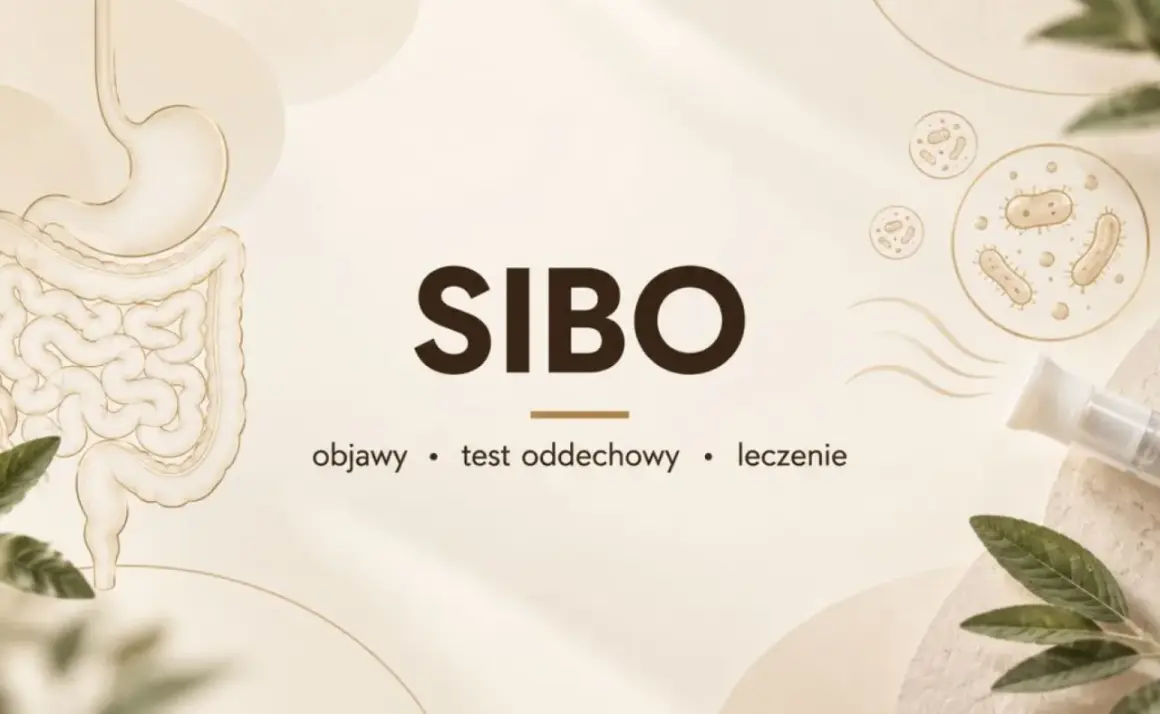 SIBO co to? Grafika przedstawia układ pokarmowy, bakterie i test oddechowy.
