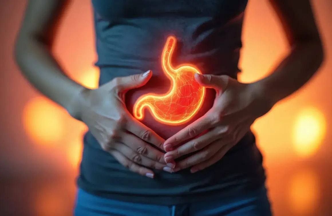 Dłonie obejmujące brzuch, gdzie widoczny jest świecący, czerwony żołądek, symbolizujący gastropatię rumieniową.