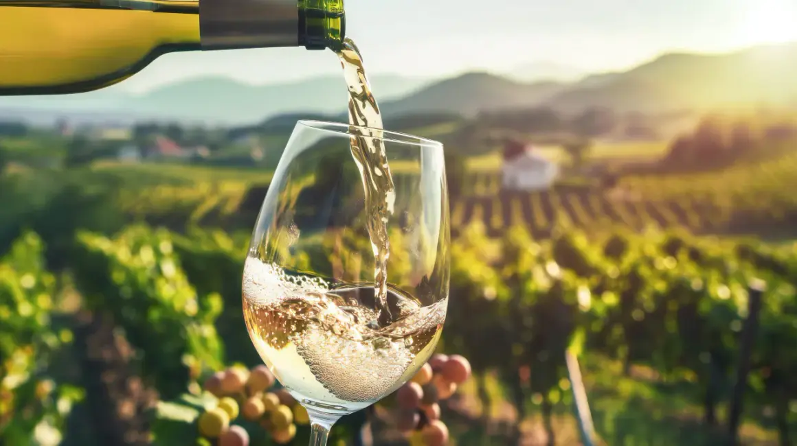 Białe wino nalewane do kieliszka na tle winnicy. Po zawale, ostrożnie z alkoholem.