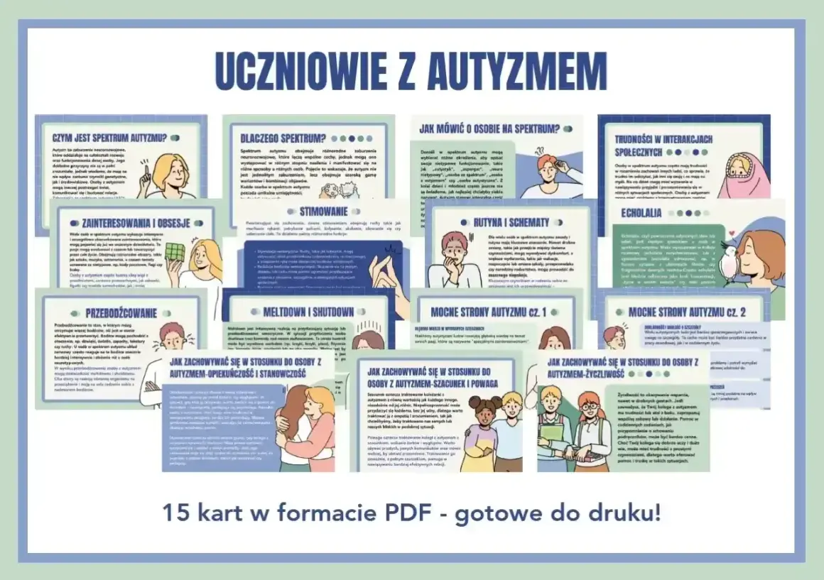 Uczniowie z autyzmem: karty PDF o spektrum, komunikacji, mocnych stronach i relacjach. Zrozumienie autyzmu u dzieci.