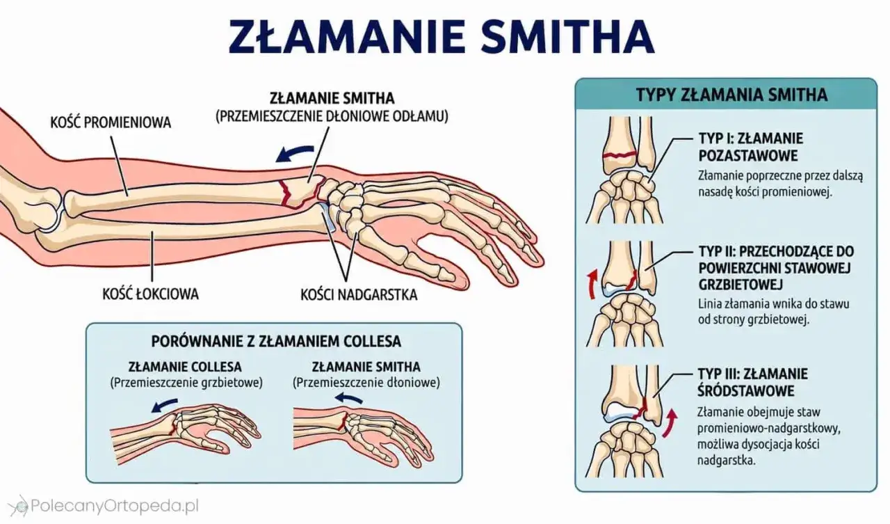 Złamanie Smitha z przemieszczeniem dłoniowym odłamu kości promieniowej. Ilustracja pokazuje typy złamania i porównanie z złamaniem Collesa.